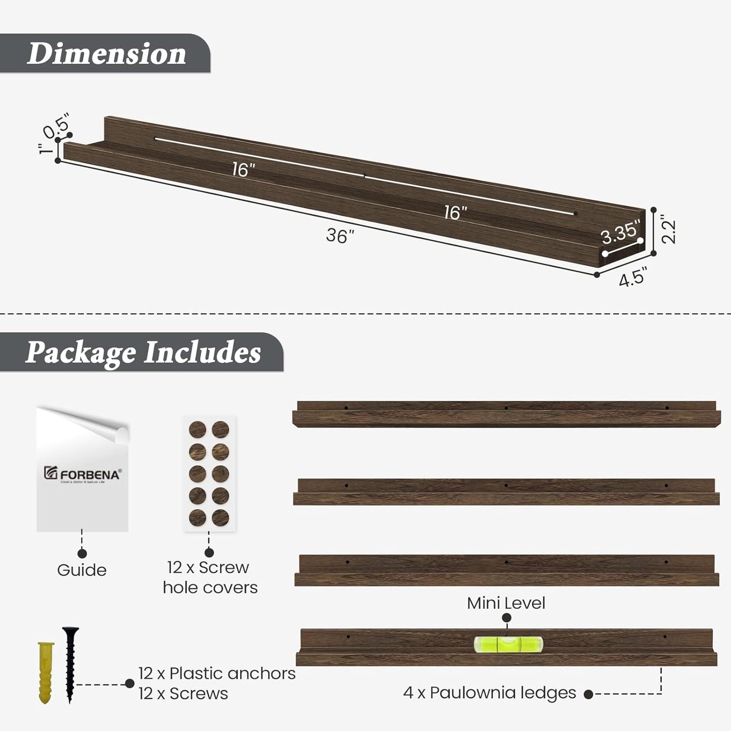 Forbena Rustic Wood Wall Shelves for Living Room Set of 4, 36 Inch Long Floating Shelves with Lip, Large Farmhouse Wooden Picture Ledge Shelf for Bedroom Office Hallway Photo Frames (Dark Brown)