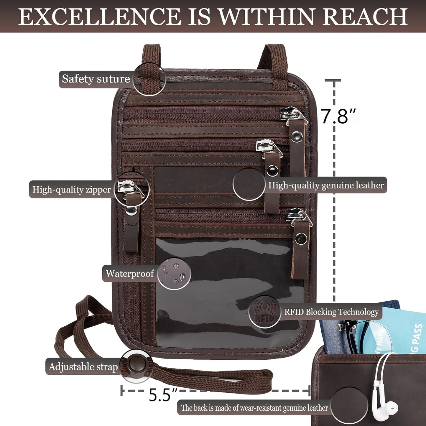 Neck Wallet - Rfid Wallet Women - passport holder for travel - Travel Wallet Passport Holder For Travel Women - 10.3x6.8inch (Dark Coffe)