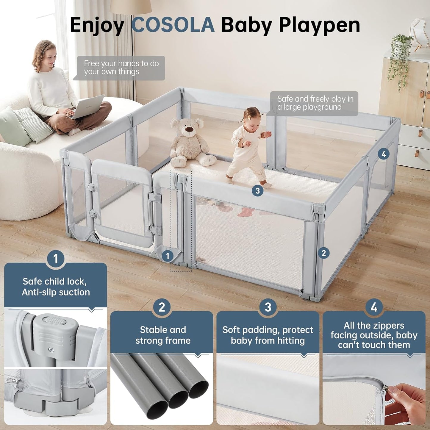 Baby Playpen,Large Play Pen for Babies and Toddlers with Door 79x71 Inch, Adjustable Playpen Non-Slip Suction Cups Base Safe and Sturdy, Indoor Outdoor Playard,Black