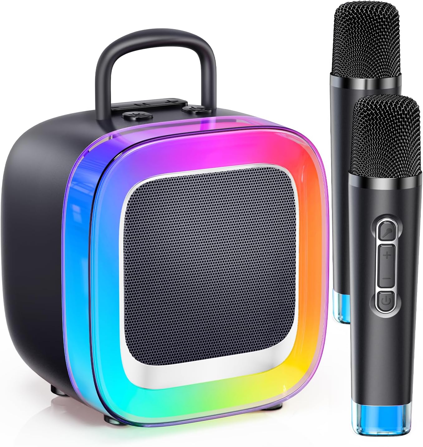 Kinglucky 2025 Upgrade Karaoke Machine, Portable Bluetooth Speaker with 2 Wireless Microphones for Adults & Kids with Lights, Karaoke for All Smartphones, Birthday, Family, Home Party or Gifts (Black)