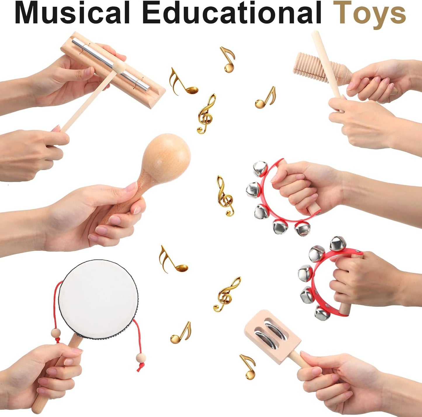 Chumia Toddler Musical Instruments Set 13 Pcs Montessori Wooden Percussion Instruments with Drum Preschool Educational Baby Early Learning Music Toys Set for Little Boys Girls Kids Children Gifts