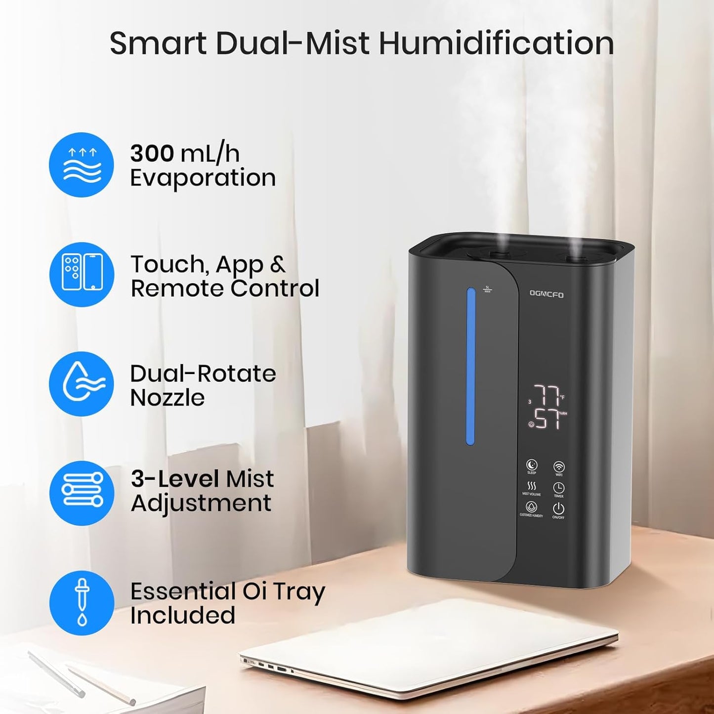 5L Smart Air Humidifiers for Bedroom with Essential Oils, Top Fill 50H Runtime Cool Mist Large Humidifiers for Home Bedroom Nursery, 28 dB Quiet Humidifier for Baby & Plants