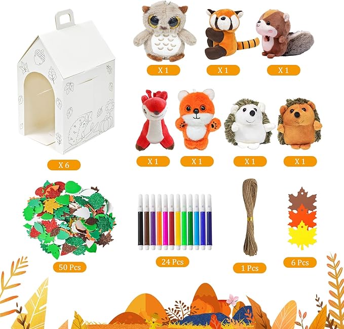 Cinrobiye 6 Set Fall Party Favors Mini Woodland Animals Bulk Plush Keychains DIY Gift Box for Autumn Thanksgiving Adopt an Animals Party Favors Birthday Goodie Bag Supplies Fillers Stuffers