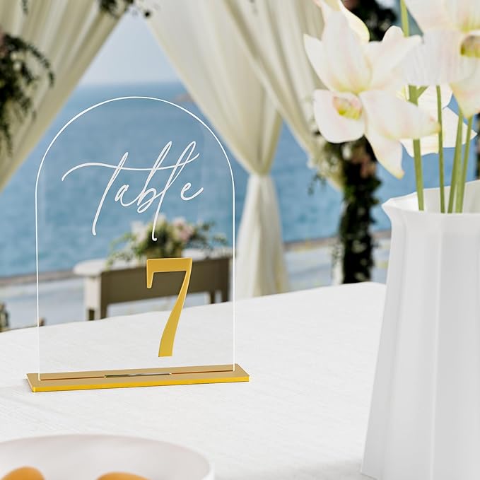 Arch Wedding Table Numbers 1-20 w/Stand, Gold 3D Table Numbers for Reception - 5.5" X 7" Elegant Acrylic Arch Sign with Holder, Perfect for Wedding, Anniversary, Banquet, and Event Decor