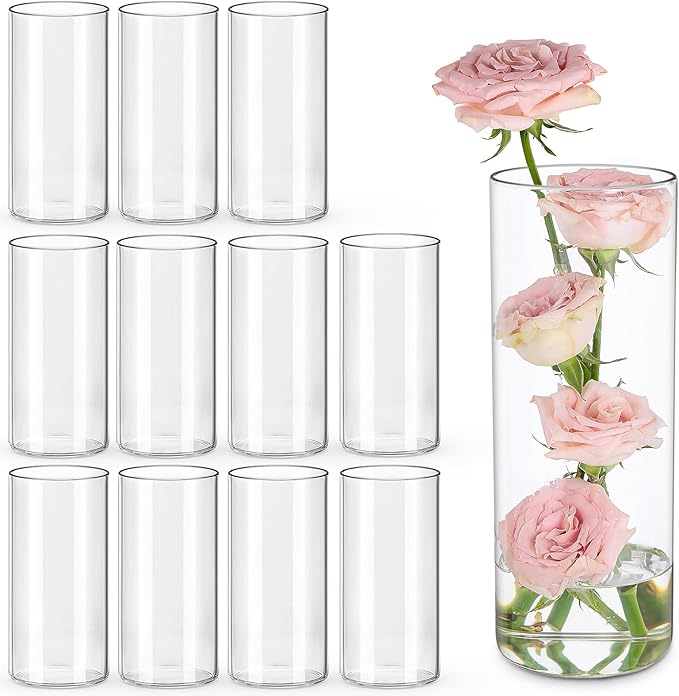 12pcs Glass Cylinder Vases for Centerpieces | 8 Inch Clear Flower Vase for Wedding Decorations, Floating Candle vases for Dinner Table, Bridal Shower, Office Home Décor