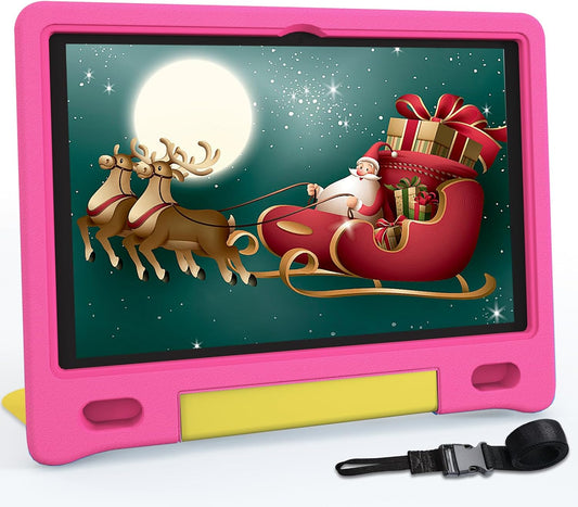 Tablet for Kids 10.1 inch Android 14 6000mHA 8GB RAM+64GB ROM(Expandable to 1TB Kids Tablet Age 3-12 with Case& Lanyard WiFi6 Google Kids Space Parental Control 1280 * 800 HD Screen Pink