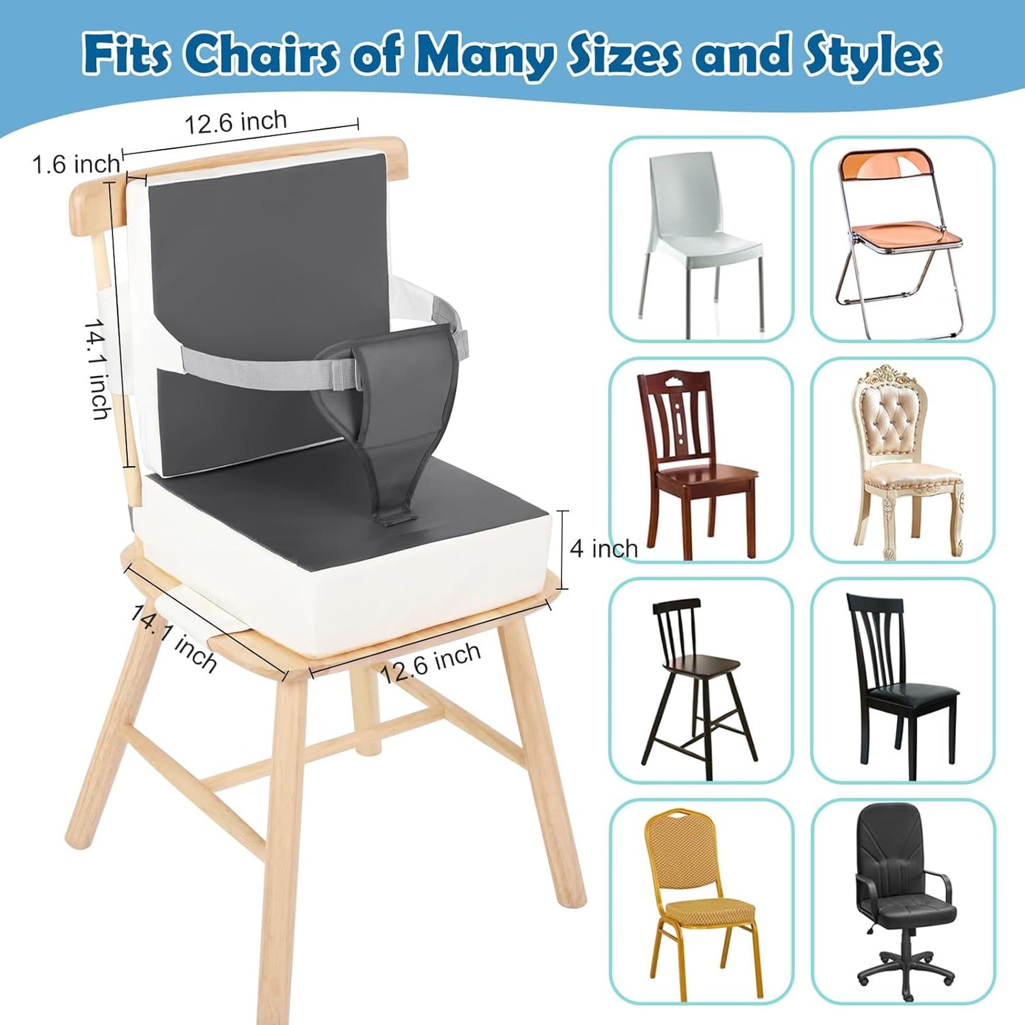 Toddler Booster Seat for Dining Table Kitchen Chair, Waterproof Non-Slip with Backrest & Adjustable Straps, Portable PU Travel Baby Kids Booster Seat Cushion