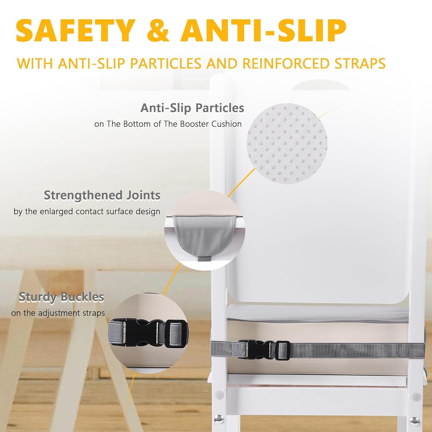 Booster Seat for Kitchen Chair with Adjustable Straps, Toddler Booster Seats for Dining Table Portable for Travel Camping Eating, Booster Cushion for Table for Baby Child Infant Kid Boy Girl