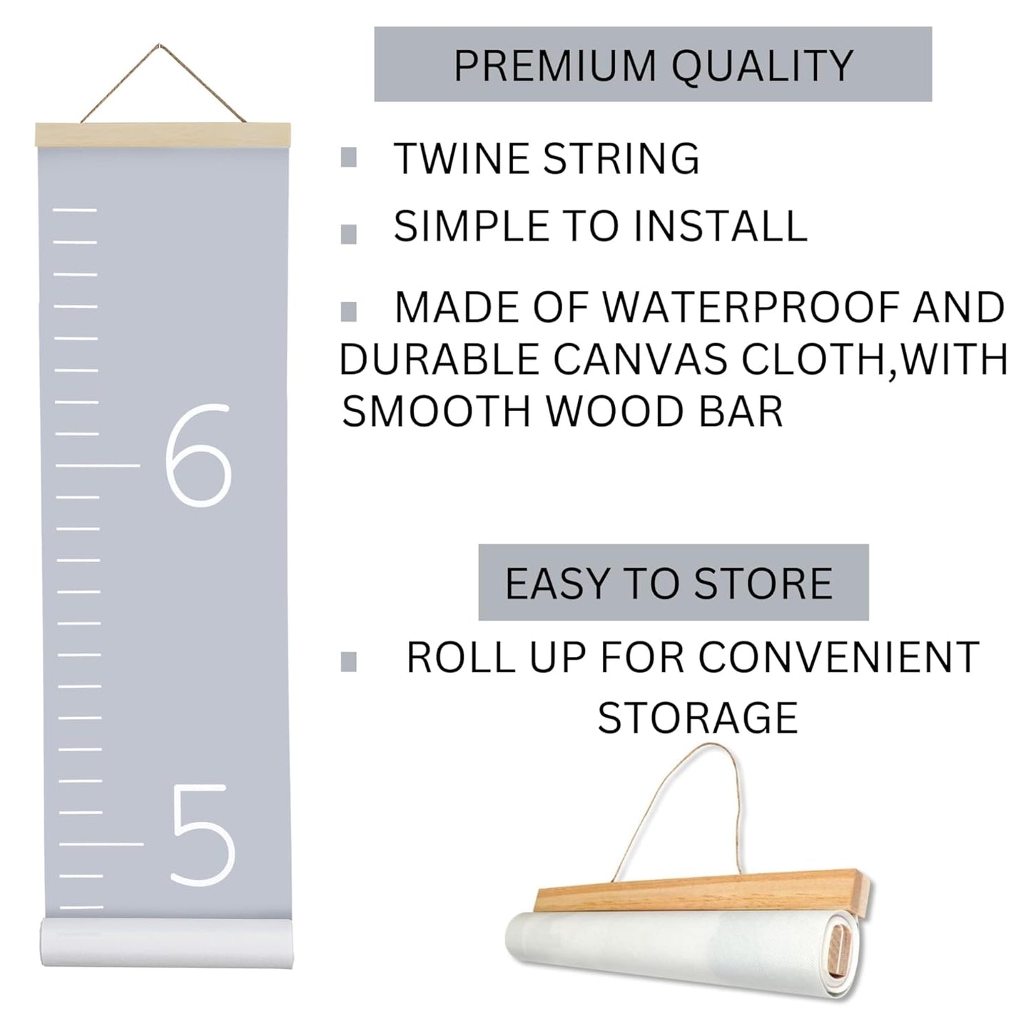 Morxy Canvas Growth Chart for Kids - Unisex Kids Room Wall Decor - Measuring Height Chart- Wall Tape with Height Chart for Kids (Canvas, Plain Gray)