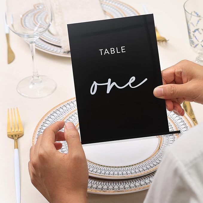 UNIQOOO Black Wedding Double Sided Table Numbers with Stands 1-20 set, 5x7'' Acrylic Signs with Holders and Printed Calligraphy, Seat Display Wedding Decor Perfect for Centerpiece, Reception