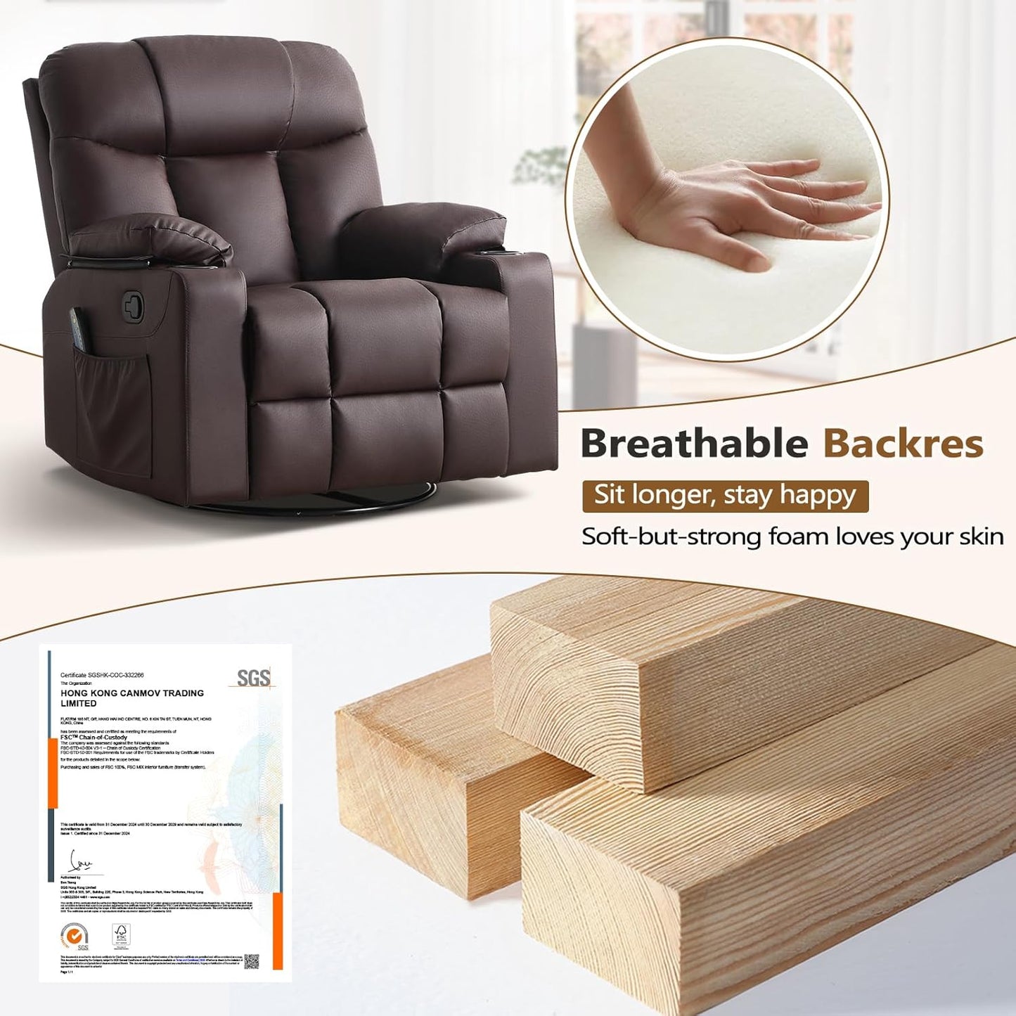 ANJ Swivel Rocker Recliner Chair Set of 2, Brown PU Leather, Manual 3-Position Reclining with Massage & Heat, Cup Holders for Living Room