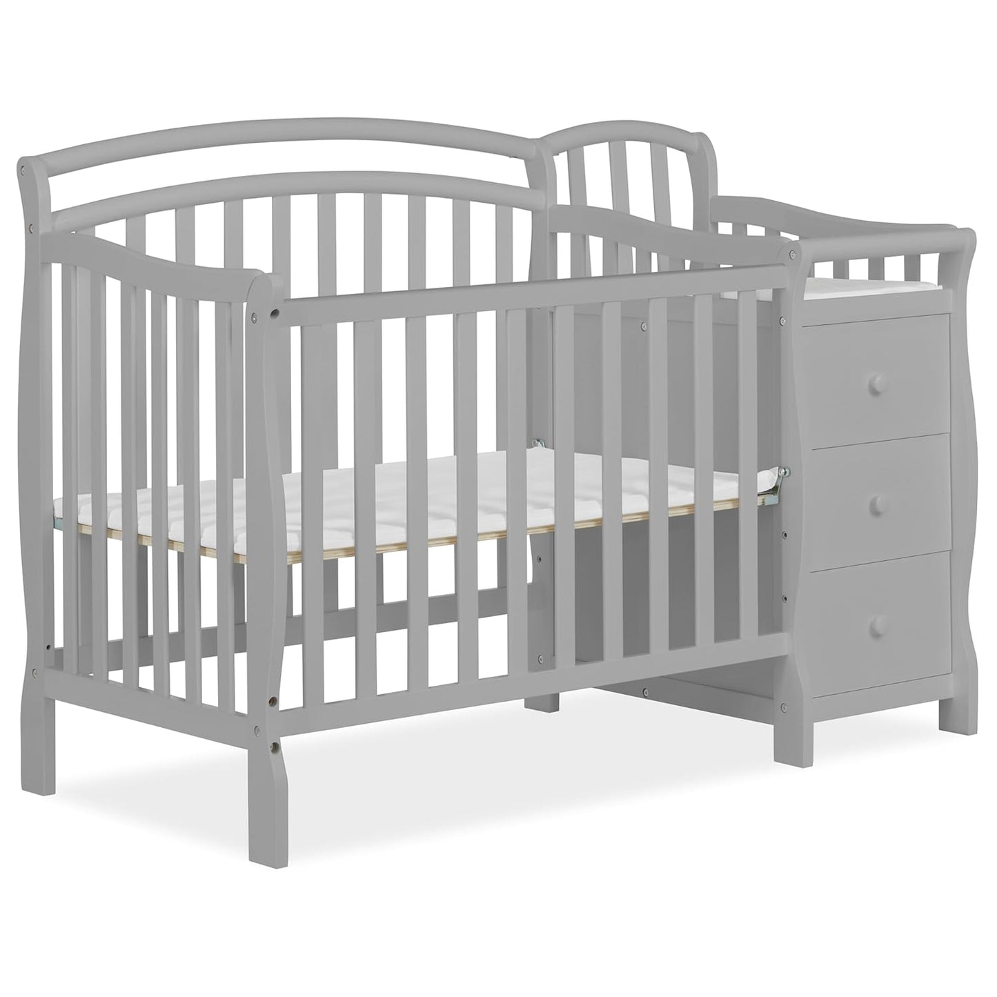 Dream On Me Casco 3-in-1 Mini Convertible Baby Crib & Changer with Storage, Pebble Grey, Pinewood, GreenGuard Gold & JPMA, 1” Mattress Pad, 3 Mattress Heights, Converts to Mini Day & Twin-Size Bed