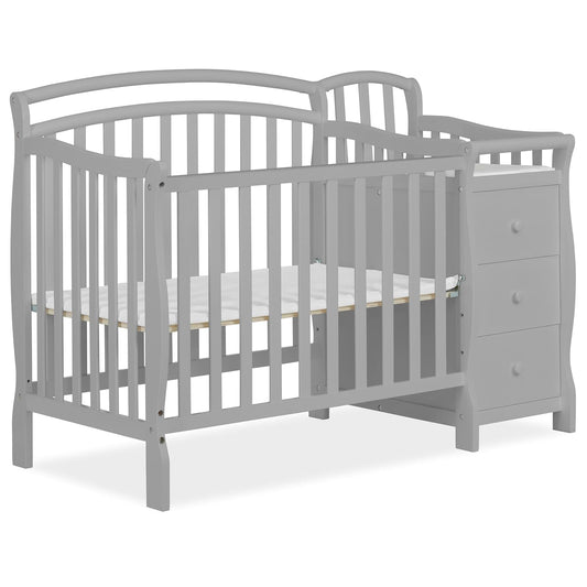 Dream On Me Casco 3-in-1 Mini Convertible Baby Crib & Changer with Storage, Pebble Grey, Pinewood, GreenGuard Gold & JPMA, 1” Mattress Pad, 3 Mattress Heights, Converts to Mini Day & Twin-Size Bed