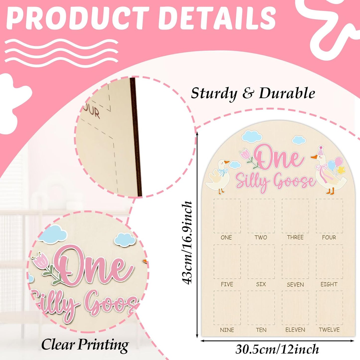 One Silly Goose Photo Board Goose Themed Birthday Party Wooden Board Decorations 12 Monthly Milestone Picture Frame One Year Old Wood Sign 1st Birthday Photo Banner for Baby Girls Keepsake Gift Supply