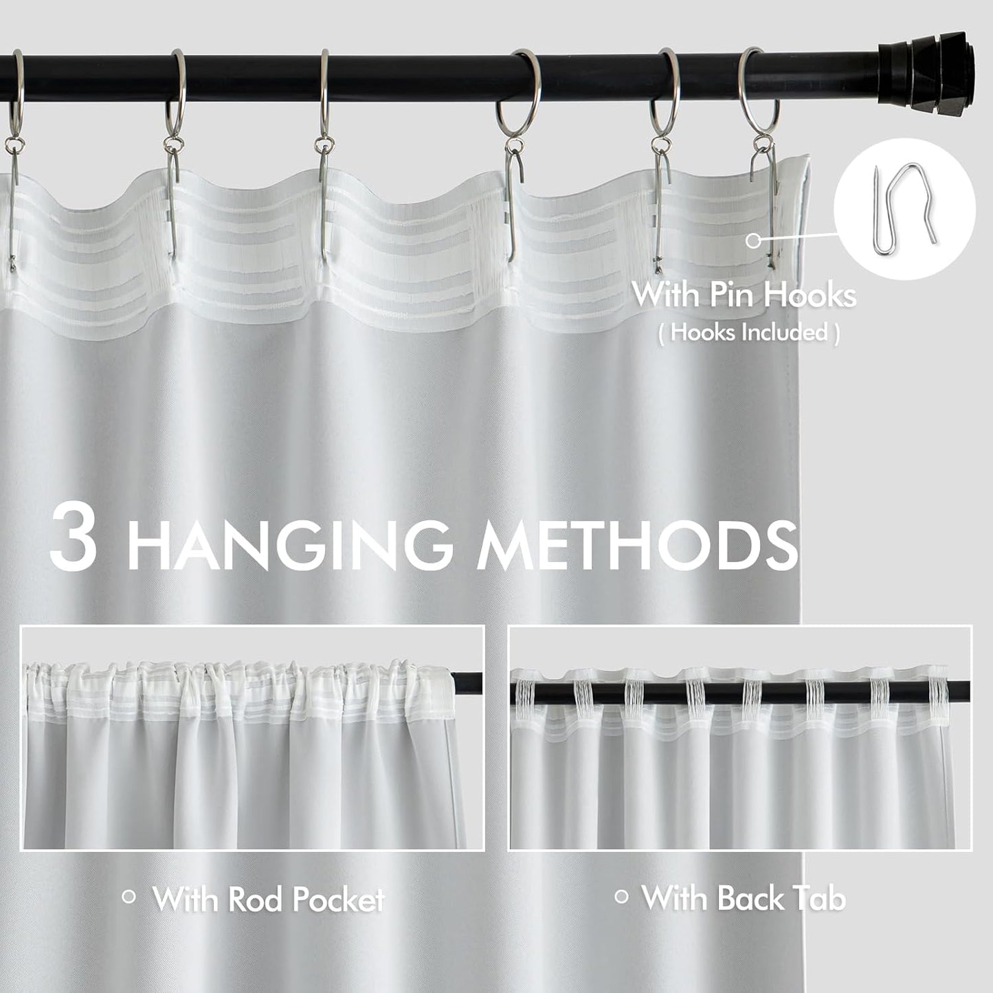 MIULEE Back Tab Light Blocking Curtains 90 Inch Long 2 Panels Set for Living Room Bedroom, Greyish White Rod Pocket/Pinch Pleated Thermal Insulated Room Darkening Blackout Curtains, 52 x 90 Inch