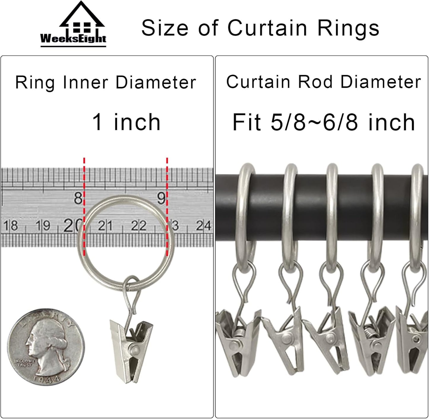 100 Pack Matte Silver Curtain Rings with Clips, Curtain Hooks Hangers Clip Rings for Hanging Drapes Bows Hat, Drapery Rings 1 in I D, Fits up to 5/8 in Diameter Curtain Rod.