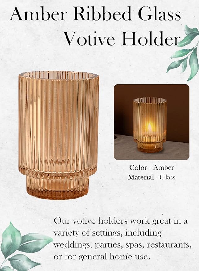 Serene Spaces Living Amber Ribbed Glass Votive Holder, Decorative Centerpiece for Wedding, Christmas, Thanksgiving, Party, Dining Table, Living Room, Home Décor, Measures 3.25" Diameter and 5" Tall
