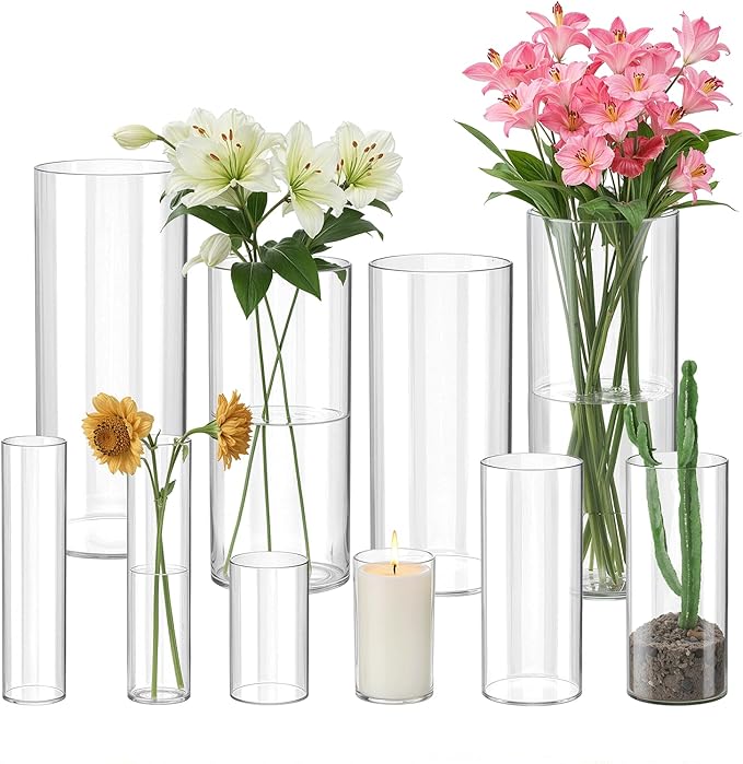 10 Pack Glass Cylinder Vase for Centerpieces, Clear Flower Glass Vases for Wedding Decorations, Hurricane Floating Candle, Holder for Table Centerpiece Wedding Home Décor