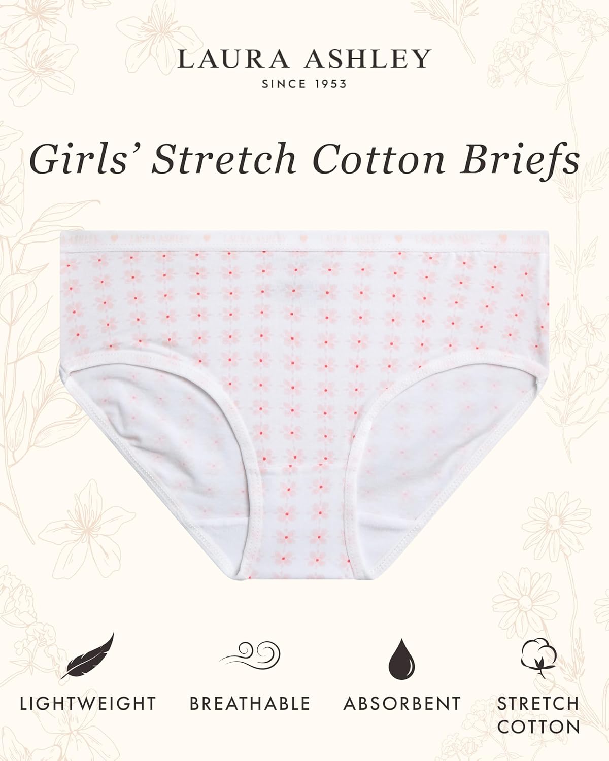 Laura Ashley Girls Underwear - 5 Pack Soft Stretch Breathable Panties for Girls - Lightweight Cotton Panties (Size: 4-12)