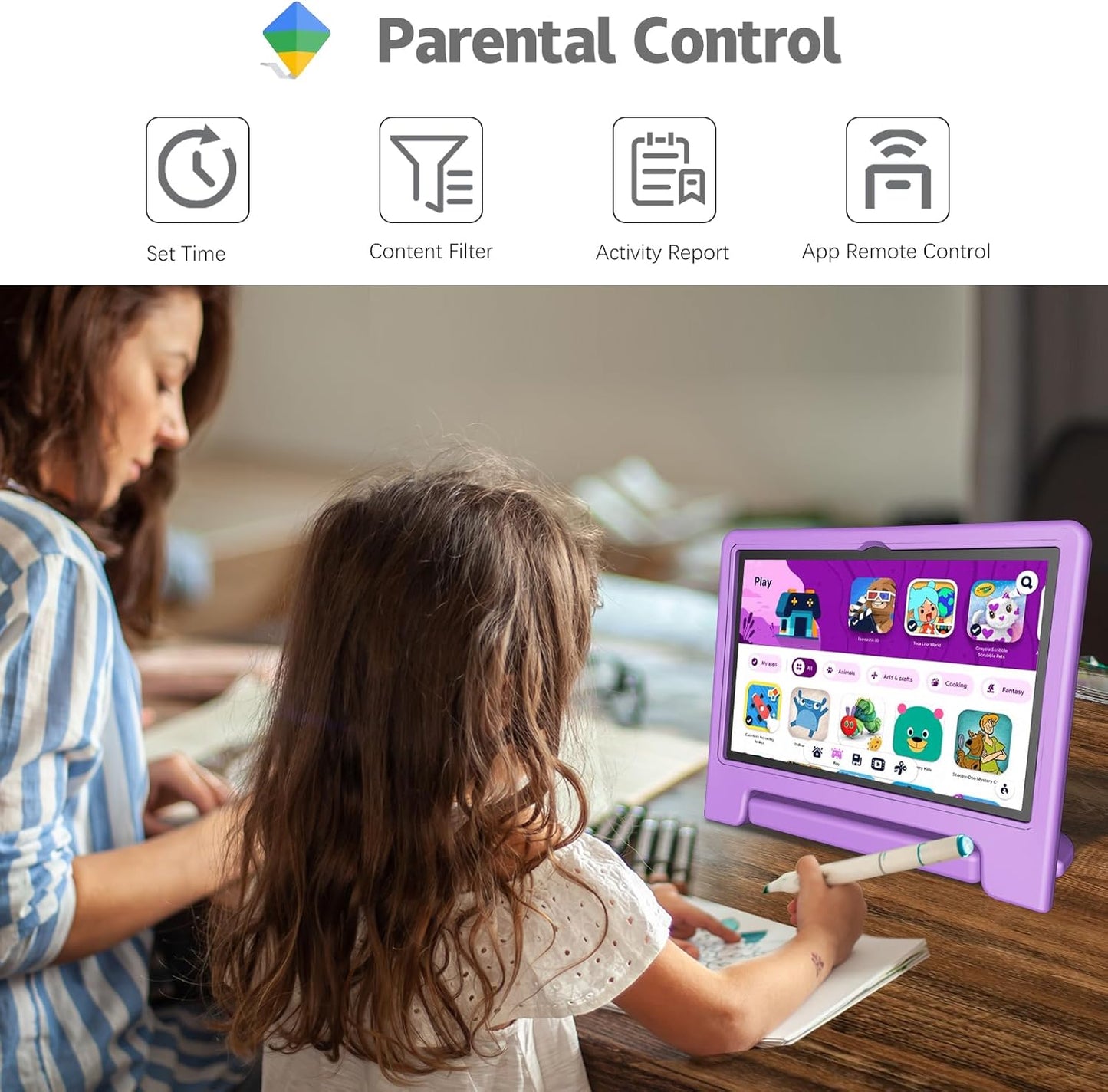 Kids Tablet, 10.1 Inch Tablet for Kids Android 14, 64GB Octa-Core, WiFi, Big Battery, Kids Space, Parental Control 1280 * 800 HD Display Children Tablets Purple