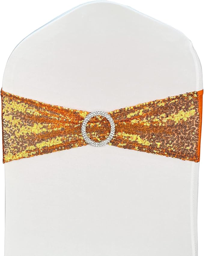 100 Pcs Chair Sashes Sequin Stretch Chair Bands Spandex Polyester Bows for Party Hotel Wedding Banquets Decoration - Orange