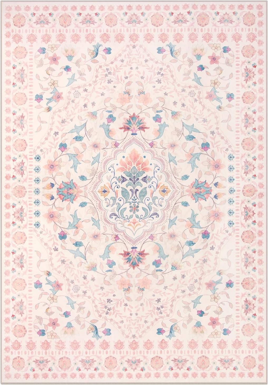 Wonnitar Floral 5x7 Washable Nursery Rug, Pink Rugs for Bedroom Girls, Boho Ultra-Thin Soft Non Slip Floor Carpet for Dorm Living Room Playroom Home Decor, Pastel Pink