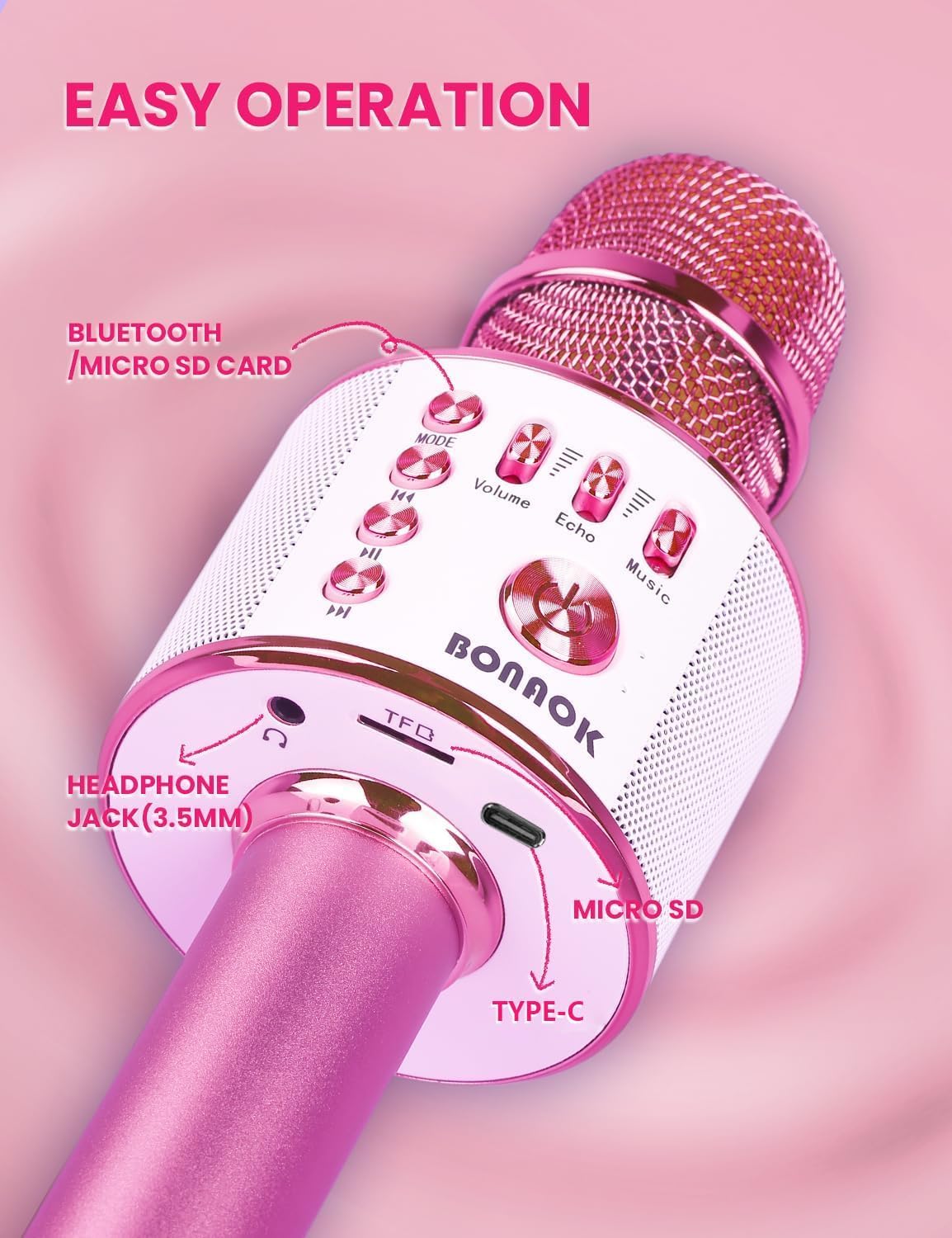 BONAOK Kids Karaoke Microphone, Wireless Bluetooth Microphone for Singing, Gift for Kids, Adults, Girls, Boys, Christmas Kids Toys Gifts for Ages 3, 4, 5, 6, 7, 8+ Years Old (Light Pinkcolor)