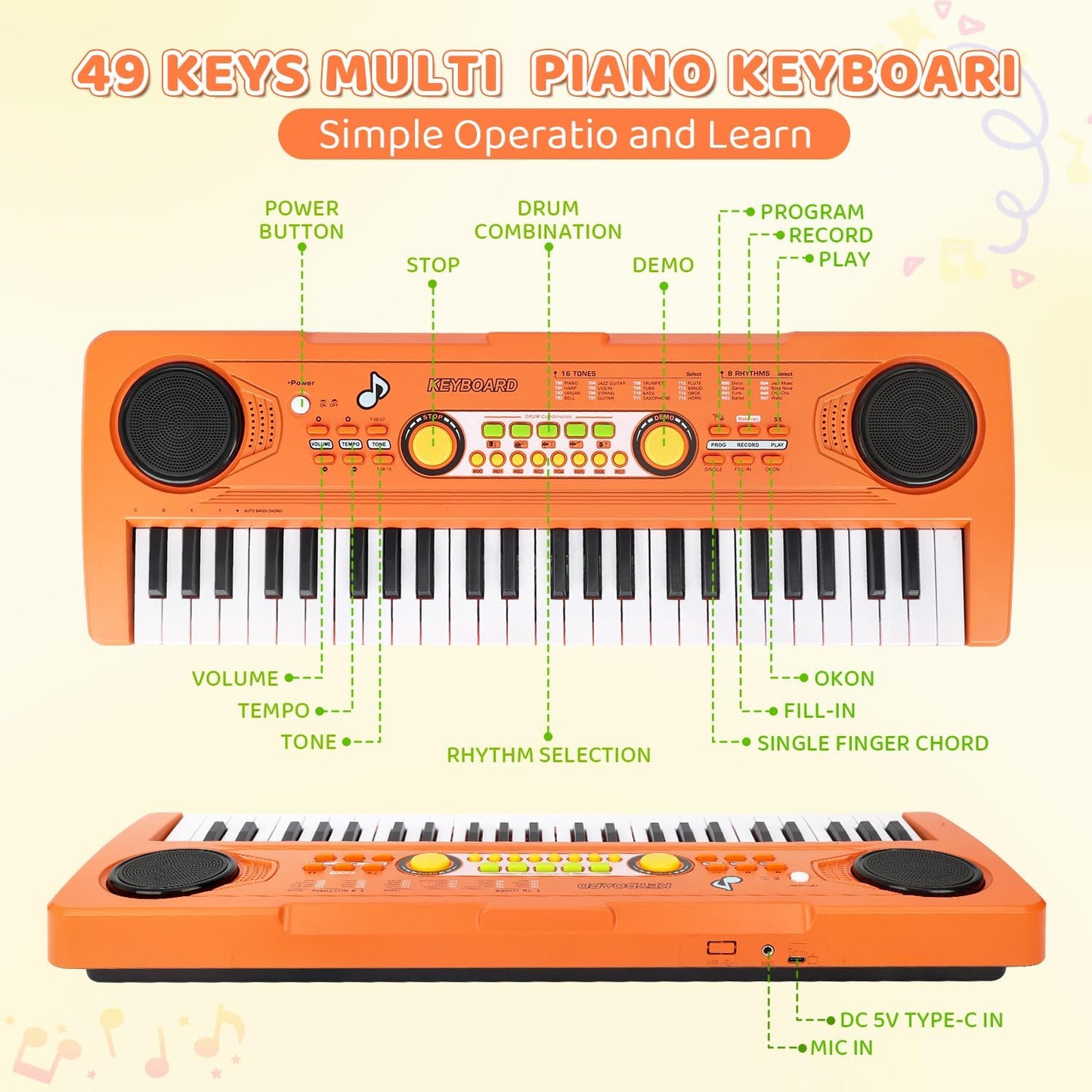 Kids Piano Keyboard Toy with Mic – 49 Keys Portable Electronic Piano for 3 4 5 6 7 Girls Boys Beginners Birthday Xmas Gifts, Orange