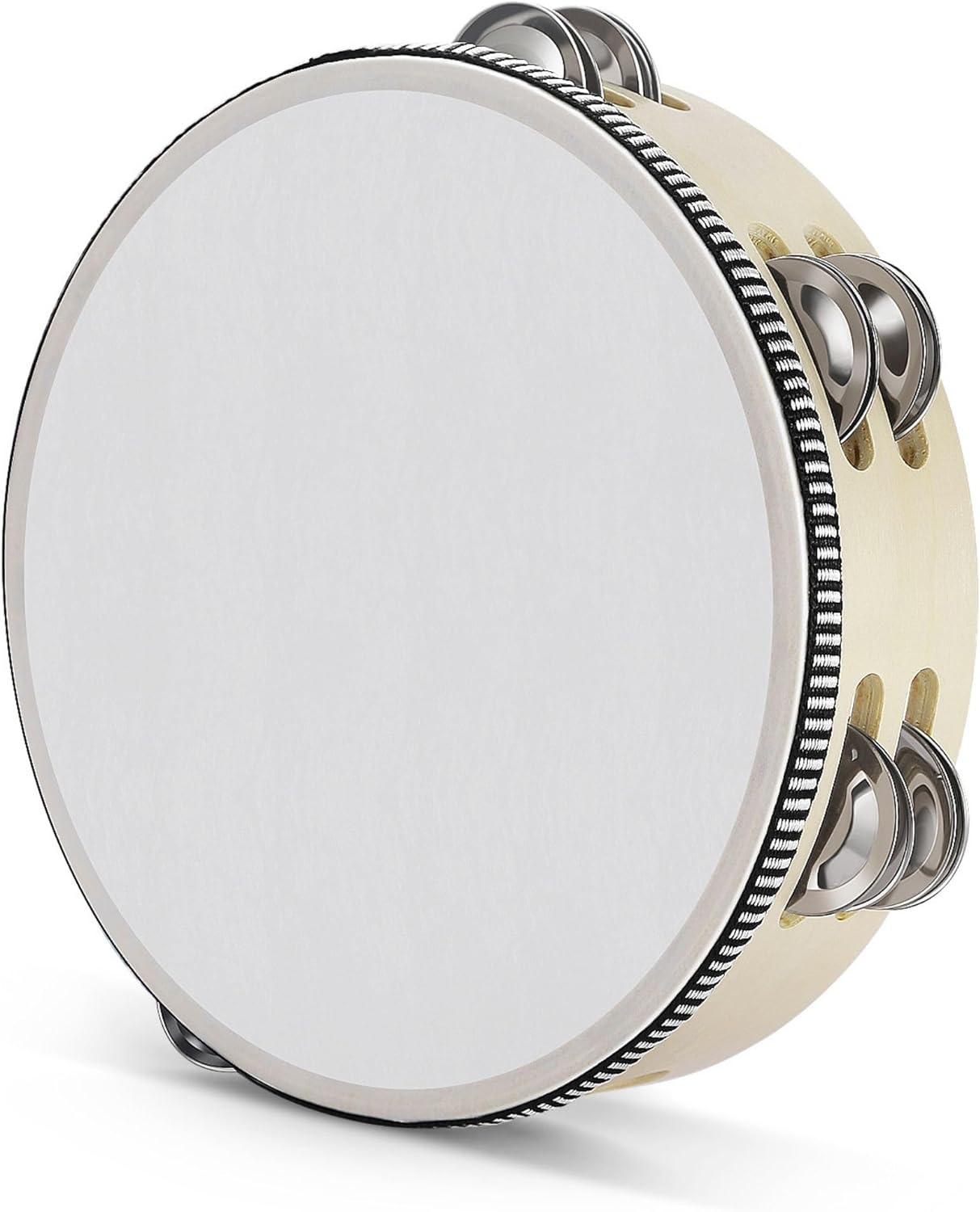 Flexzion Wooden Round Tambourine for Kids and Adults 8" Inch Single Row 8 Pair Jingles, Wood Handheld Percussion Instrument for Beginner and Professional Tambourine Player