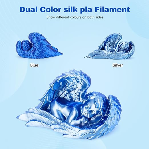 Silk PLA Filament 1.75mm Blue Silver Dual Color PLA 3D Printer Filament 2 in 1 Coextrusion 1KG Spool(2.2lbs) 3D Printing Filament Dimensional Accuracy +/- 0.03mm Fits for Most FDM 3D Printers