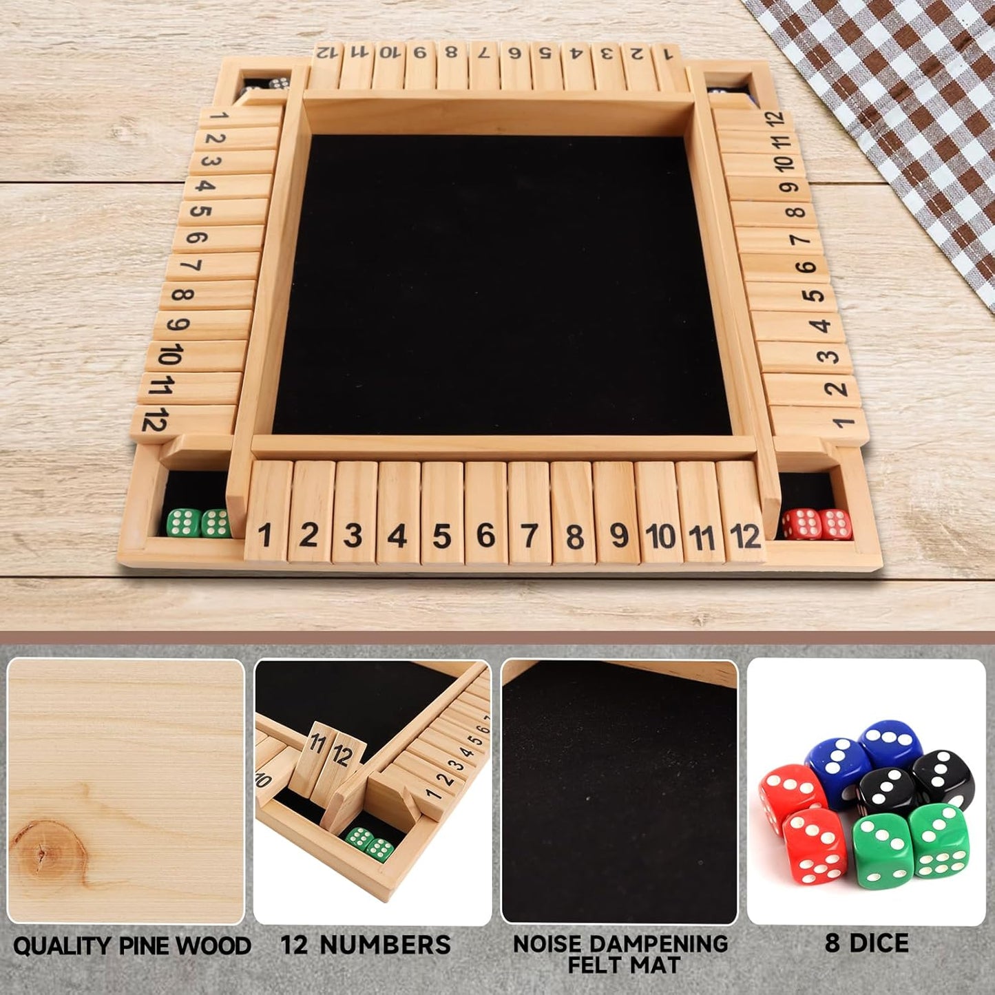 GSE Games & Sports Expert 1-4 Player Wooden Shut The Box Board Game with 8 Dice. 4-Way 12 Numbers Shut The Box Dice Set of Popular English Pub Board Game - Natural Wood