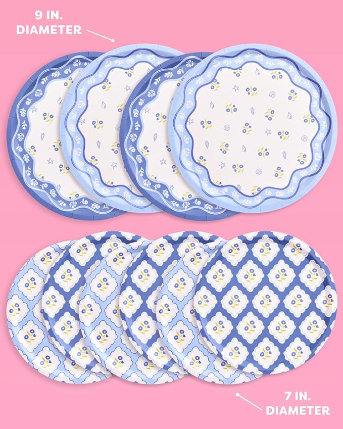 xo, Fetti Blue Coastal Paper Plates | 32 pcs, 2 sizes | Nautical Bachelorette Decorations, Seaside Dinner Party Setting, Beach Birthday Decor, Floral Tablescape