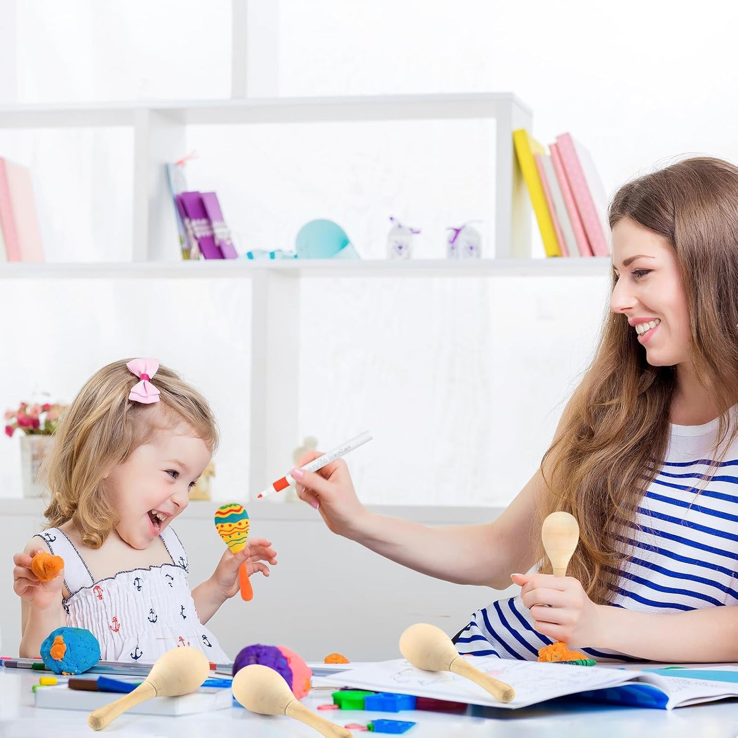 NEBURORA 6Pcs DIY Mini Unfinished Wooden Maracas with 6Pcs Multicolor Pens Fiesta Mexican Maracas Favors Cinco De Mayo Party Supplies Decorations