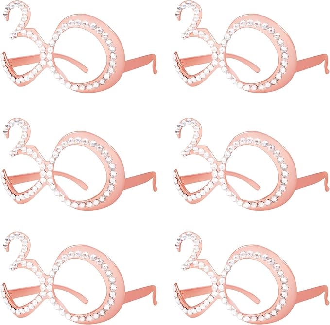 30th Birthday Glasses - 6 Pairs Rose Gold 30 Years Old Glasses with Rhinestones Frame, Funny Plastic Costume Photo Booth Props for 30th Anniversary Party Decorations