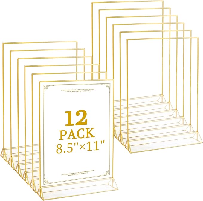 Floroom 12 Pack 8.5x11 Inch Clear Acrylic Sign Holders, Double-Sided Gold Display Stand Picture Frames for Table Numbers, Menus, Flyers, Weddings, and Offices