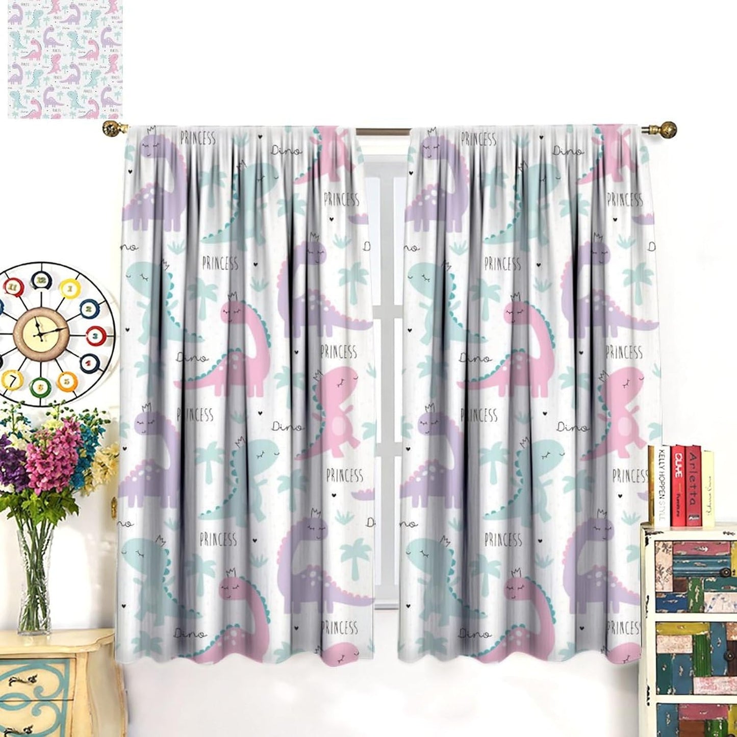 Kids Dinosaur Curtains for Boys Girls Bedroom Decor Cartoon Dino Colorful Cute Funny Animal Wildlife Printed Blackout Rod Pocket Window Drapes for Baby Nursery Playroom W42xL84in 2 Panels