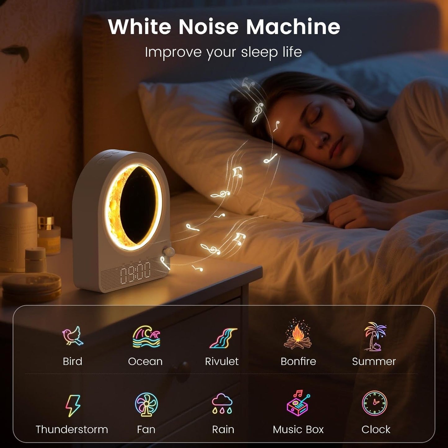 Sunrise Alarm Clock, White Noise Machine & Meteor Moonlight - 10 Soothing Sounds, Dual Alarms, 30/60/90min Timer, Easy Snooze - Bedroom Gift for Insomnia Adults/Women - White