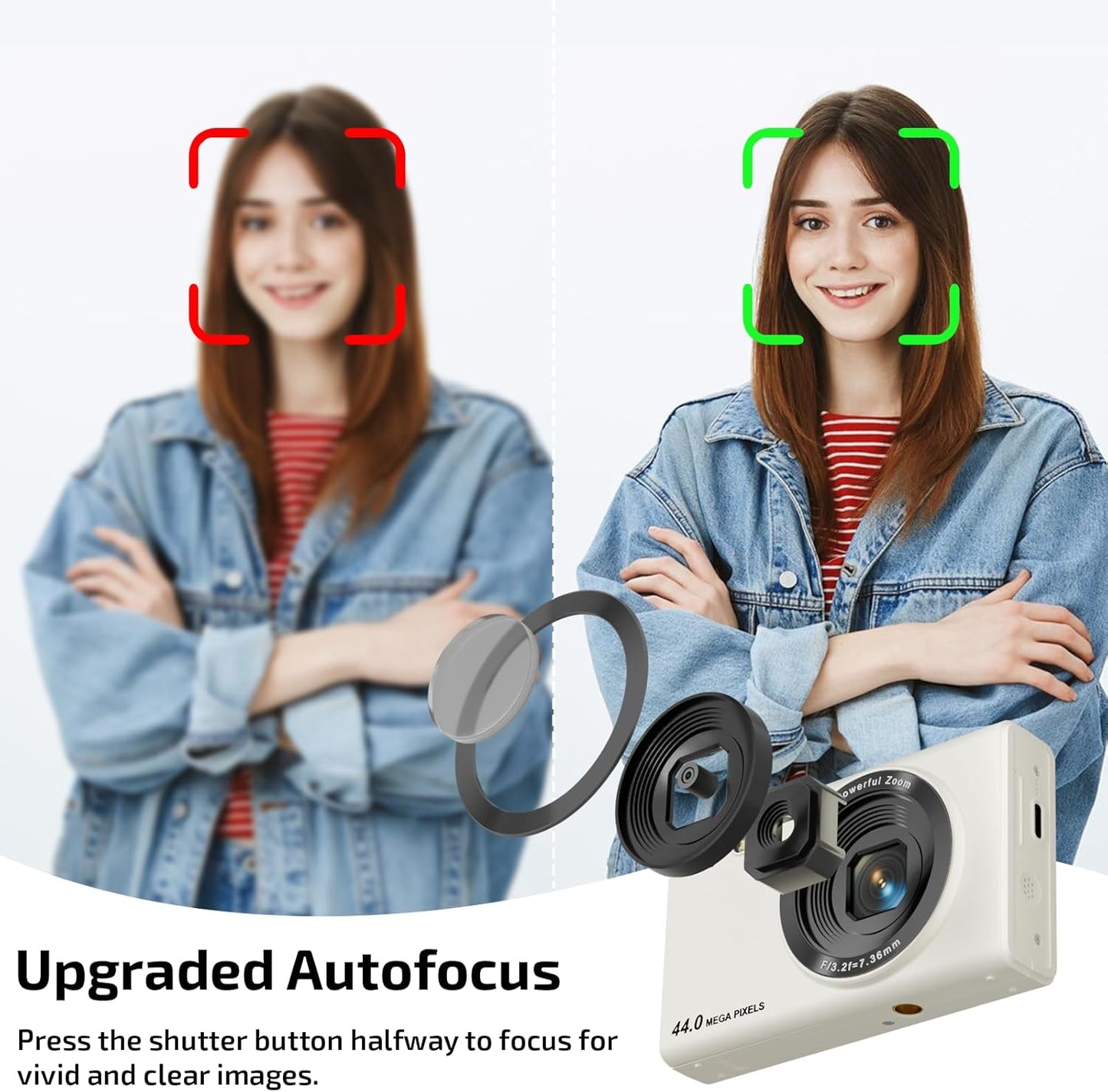 Upgrade Digital Camera, FHD 4K 44MP Autofocus Digital Point and Shoot YouTube Camera with 16X Zoom, 32GB SD Card, Compact Digital Camera Cheap for Teens Boys Girls Kids White