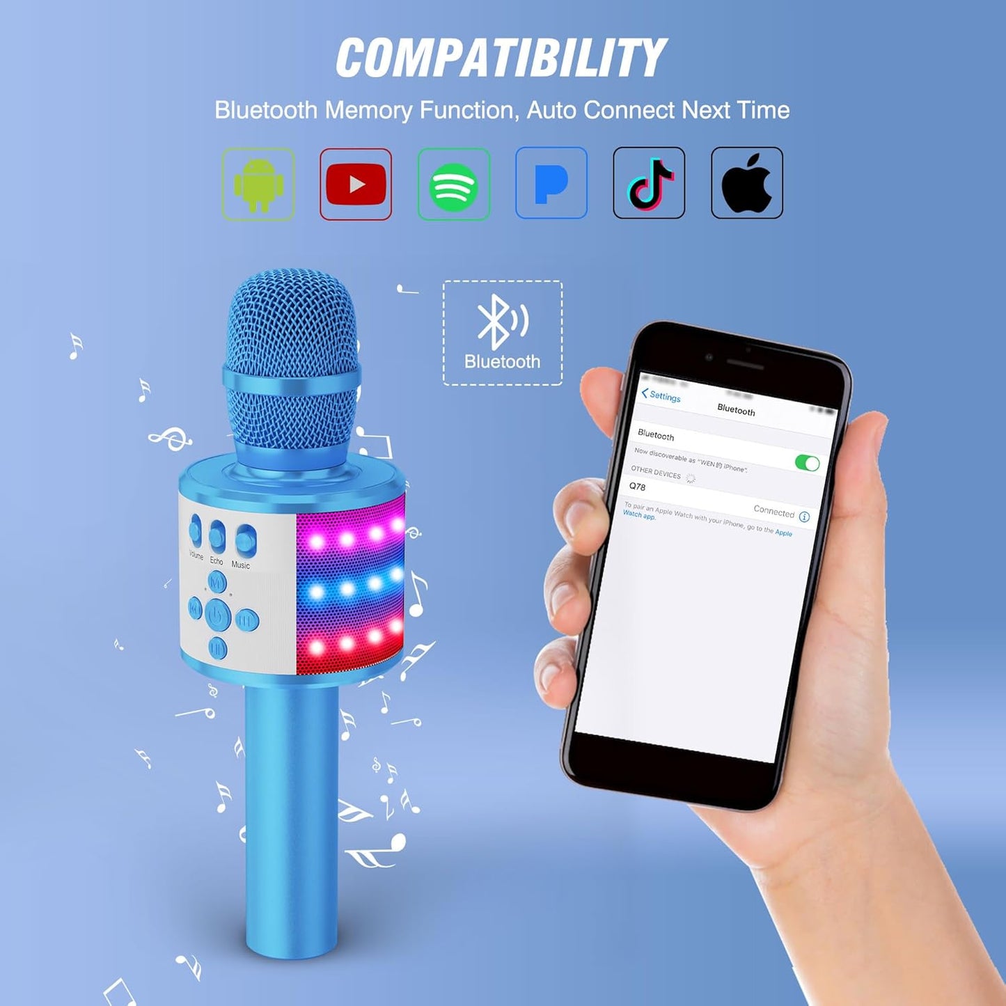 BONAOK Karaoke Microphone for Kids & Adults - Bluetooth Microphones Singing Mic with Disco Lights, Echo Effect, Built-in Speaker Portable Karaoke Player for Party Travel Gifts Q78(Blue)