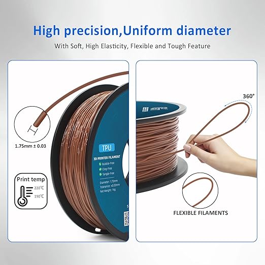 Geeetech TPU Filament 1.75mm, Shore 95A – Flexible 3D Printer Filament with High Elasticity, 1KG (2.2lbs) Spool, Dimensional Accuracy ±0.03mm, Fits Most FDM Printers (Brown)