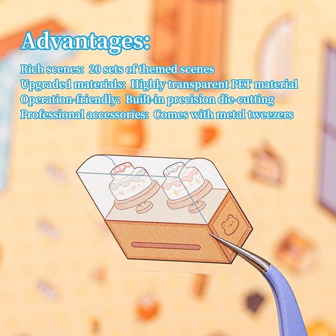 20 Sets 3D House Stickers with Metal Tweezers | DIY Miniature House Scenes Kit for Adults, Cute 3D Cartoon Scene Stickers | Therapy Craft, Relief Stress Pass The Time