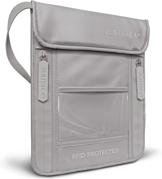 VENTURE 4TH Passport Holder Neck Wallet with RFID Blocking Nylon Lining - Hidden Neck Pouch for Travel (Sleek Silver)