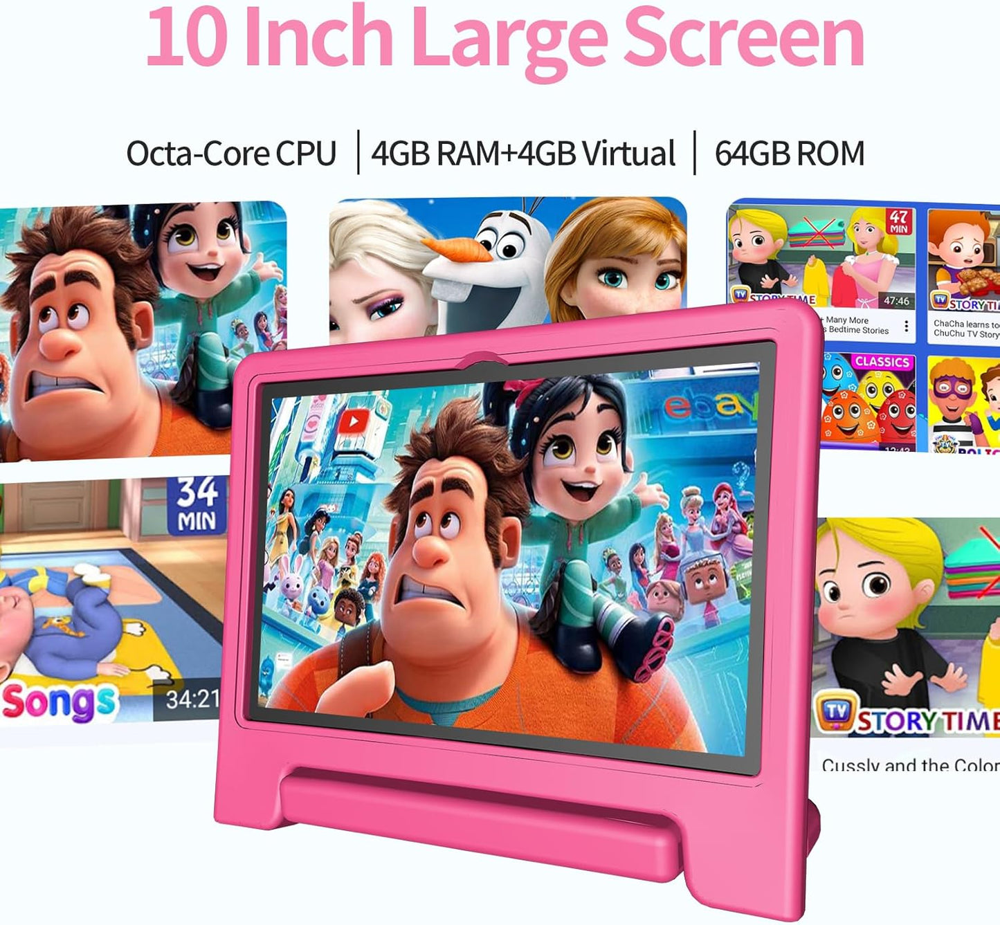 JREN Tablet for Kids｜10.1 Inch Kids Tablet Android 14｜Octa-core｜64GB｜WiFi ｜Bluetooth｜Parental Control｜Children Content｜Children Toddler Pink Girls Gift