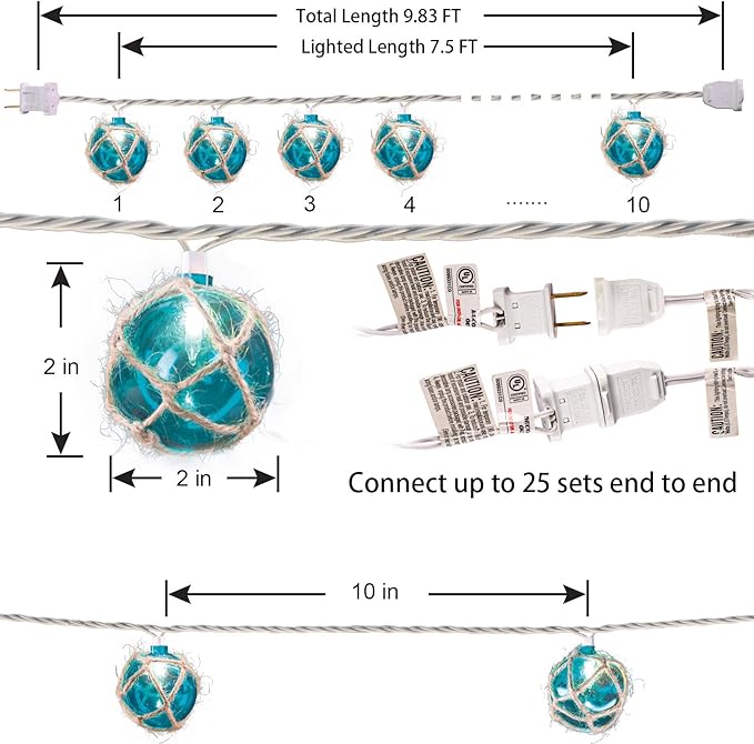 Nautical String Lights, Beach Theme Float Lights Set of 10 Blue G50 Beach String Lights for Ocean Themed Decor,Fishing Fairy Lights Adding Flare of Coast Room Decor