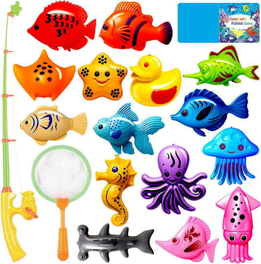 CozyBomB™ Kids Fishing Bath Toys Game | Magnetic Floating Toy Magnet Pole Rod Net, Plastic Floating Fish Toddler Pool Education Teaching and Learning Colors Birthday Age 3 4 5 6 Year