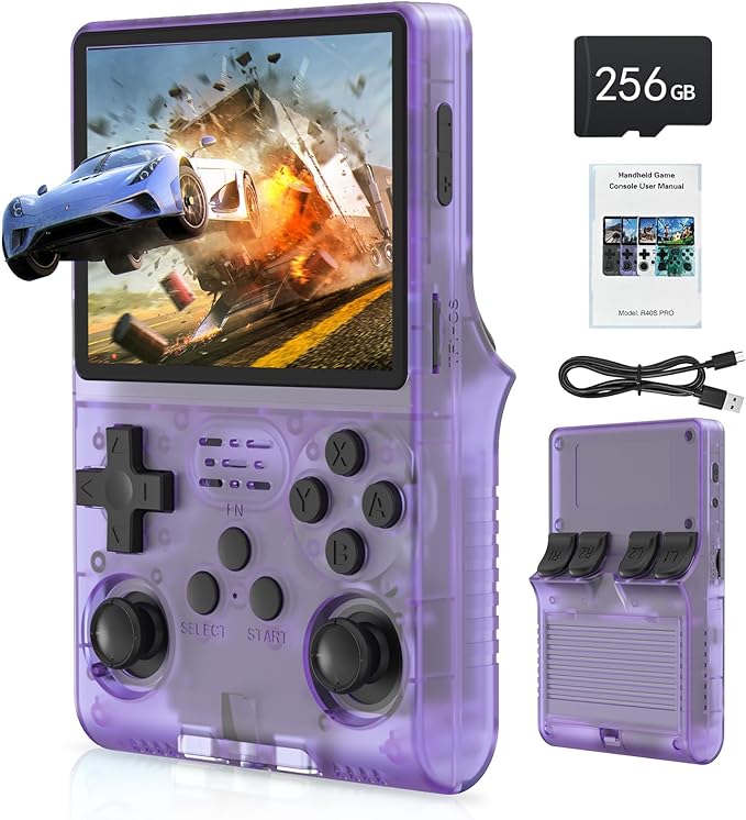 FVBADE 【30000 in 1】 R40S PRO Handheld Game Console 3.5 inch IPS Screen Mini Retro Console 3800mAh Portable Pocket Arcade 12+ Mainstream Emulator 256G TF Card Transparent