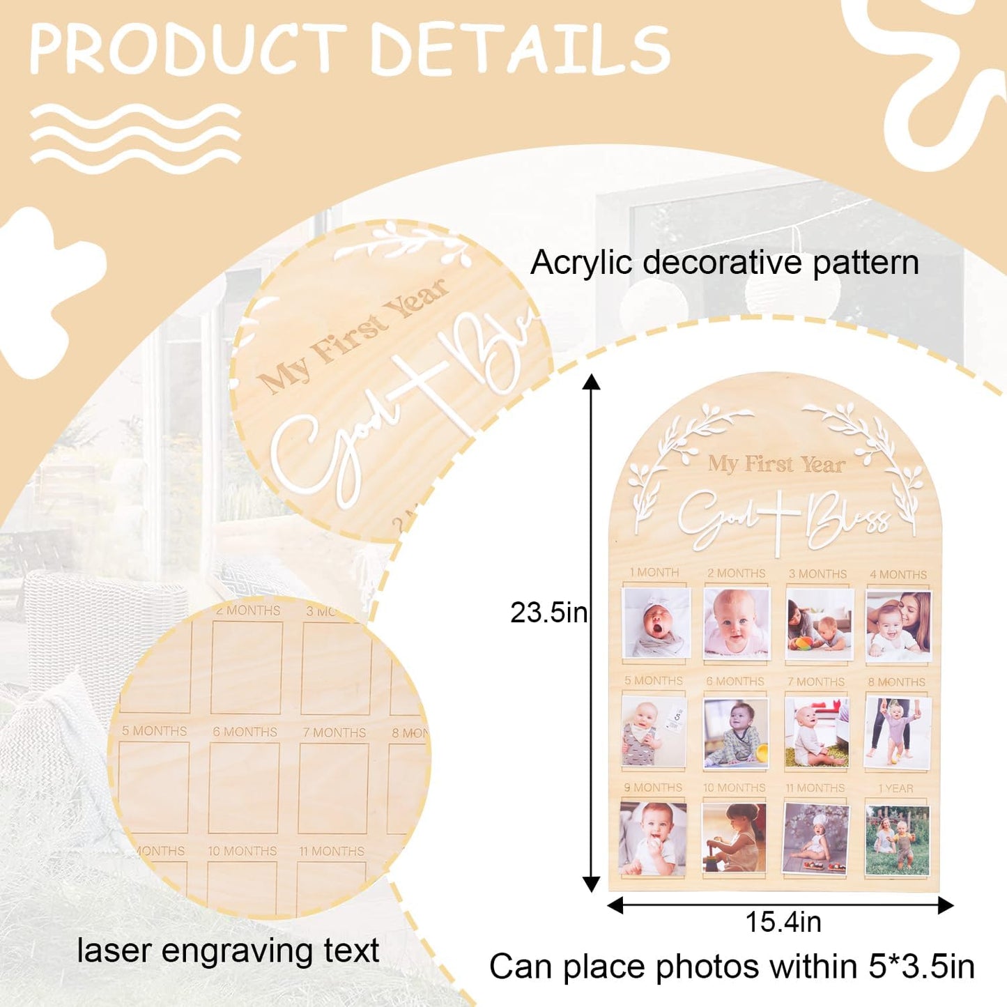 God Bless My First Year Photo Board - 1st Holy Communion Monthly Photos Display,God Bless 1 To 12 Months Photo Wooden Board,Baby Baptism Party Milestone Photos,Wooden Cross Photo Board (God Bless)