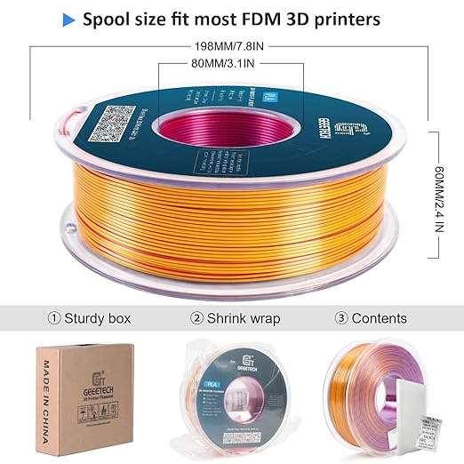 Geeetech Silk PLA Tri Color Filament 1.75mm 3D Printer Filament, Coextrusion Red Gold Purple Tri-Colors Metal-Like Shiny Silk PLA Filament, 1kg (2.2lbs) 1 Spool, Dimensional Accuracy +/- 0.02 mm