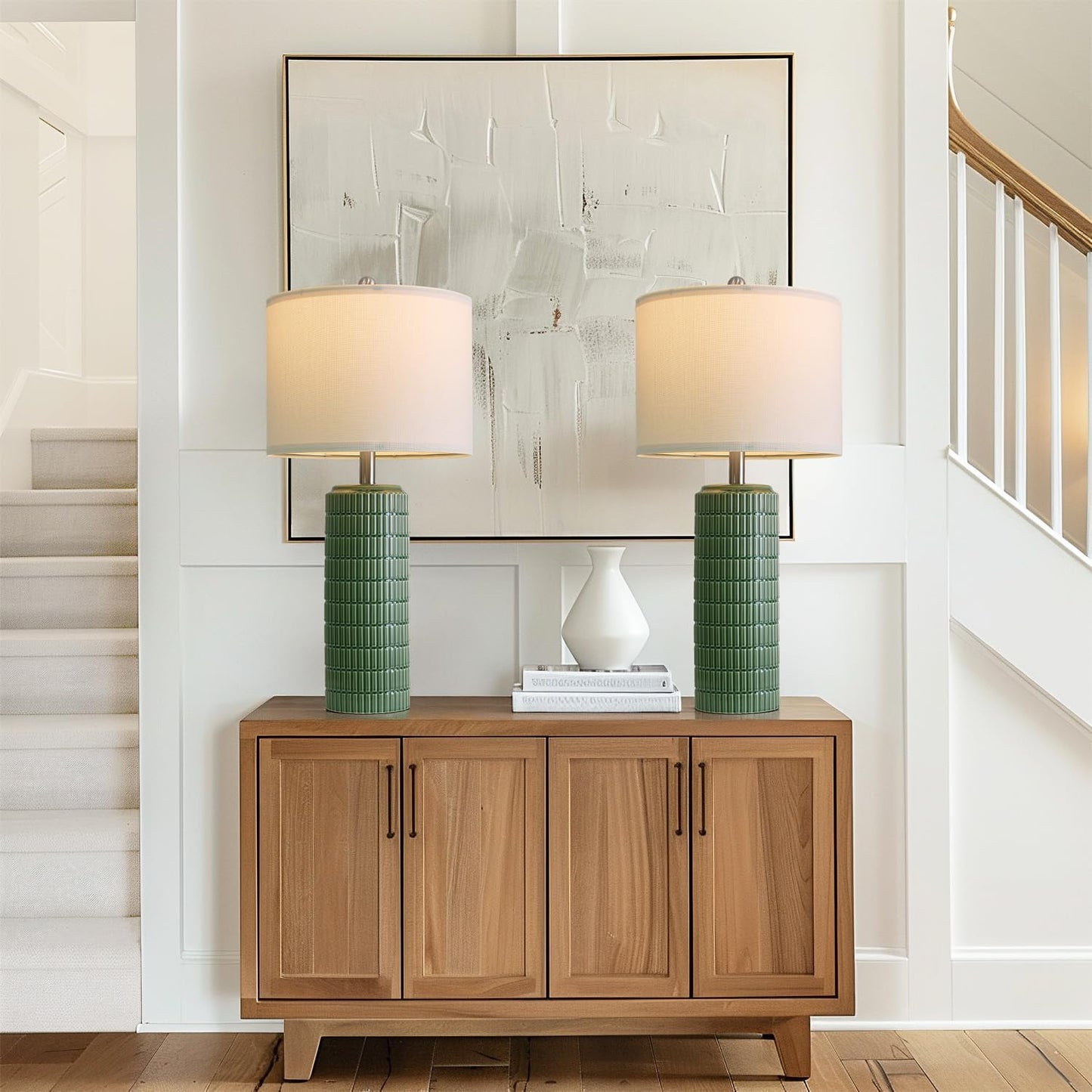 PoKat 27.5" Dark Green Ceramic Table Lamps for Living Room, Farmhouse Table Lamps Set of 2 for Bedroom Night Stands, Modern Bedside Lamps for End Side Table, Vintage Nightstand Decor Lamps Home Office