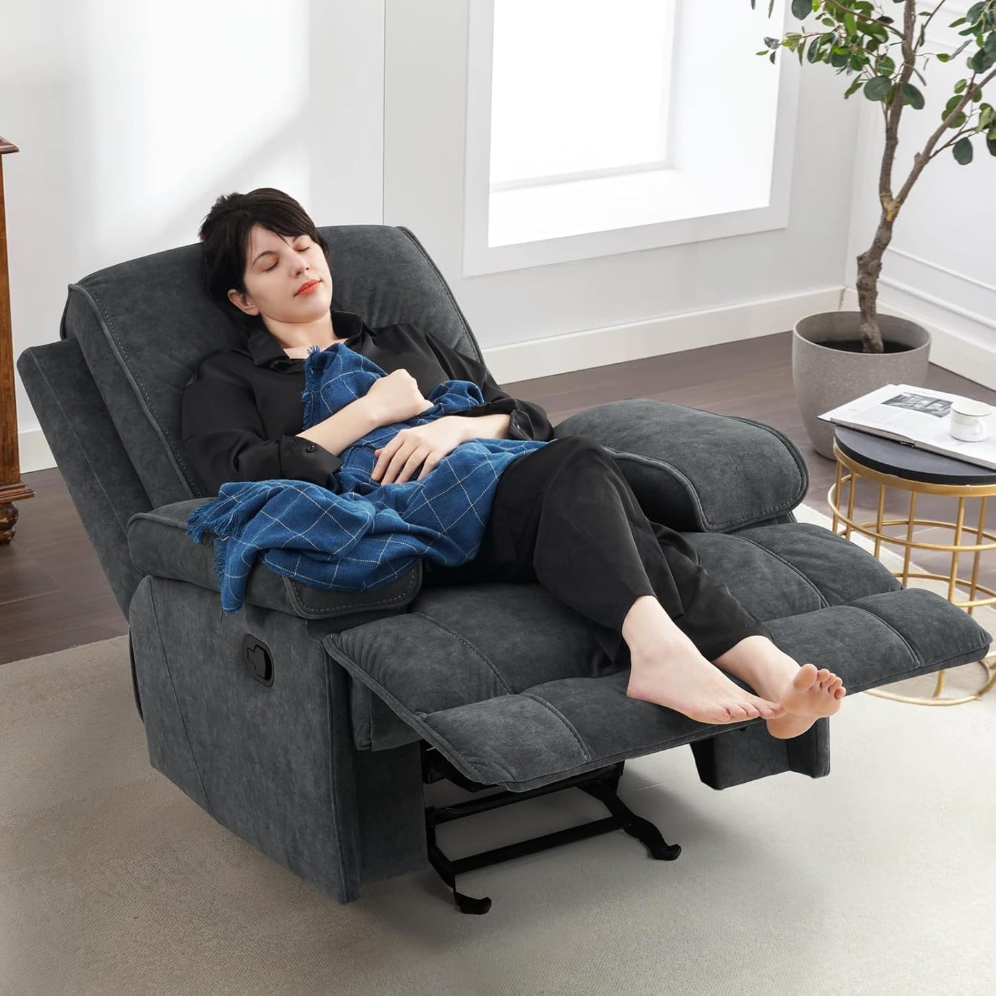 Nursery Glider Recliner Rocking Chair with Extra Large Footrest,Velvet Upholstered Nursing Chair for Breastfeeding for Living Room, Bedroom, Nursing Room (Style A, Dark Grey)